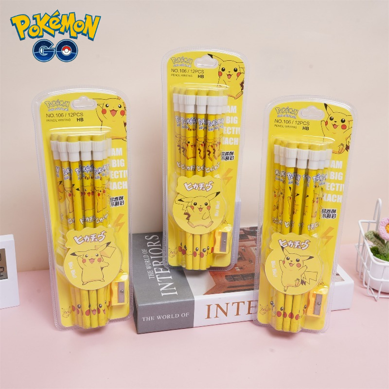 Office Supply Office Stationery Items - 12 Stück Pokemon-Bleistifte mit Radiergummi, Bleistiftspitzer,